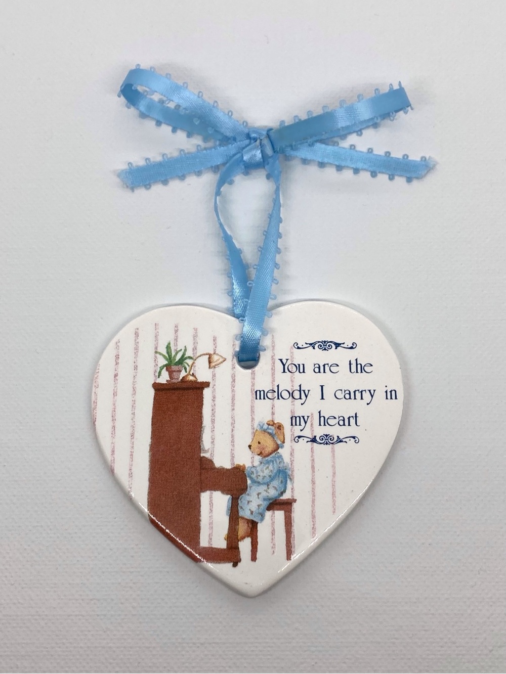 Hanging Porcelain Heart Plaque with Teddy Bear Piano Artwork & Endearing Text